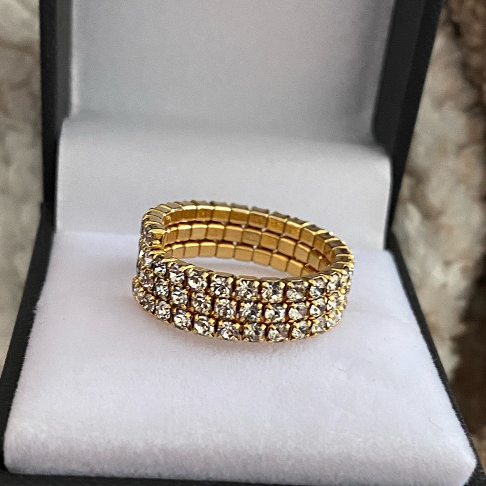 Three Rows Rhinestone Crystal Tennis Stretch Band Ring - Picture 9 of 12